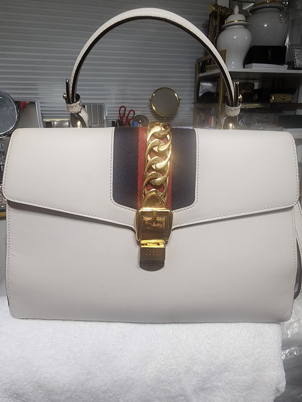 Gucci Cream Leather Top-Handle Satchel with Gold Chain and Navy/Red Stripe